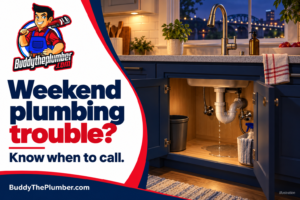 Buddy the Plumber weekend plumbing guide, with an illustrated leak beneath a kitchen sink.