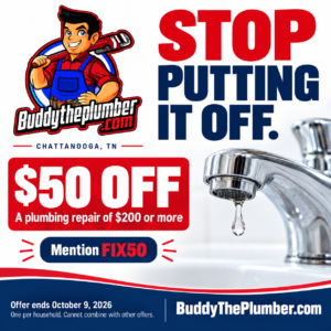Buddy the Plumber: $50 off a plumbing repair of $200 or more with FIX50 through October 9, 2026. One per household; cannot combine with other offers.