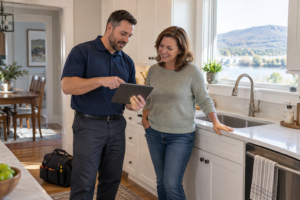A plumber and homeowner discussing repair options on a tablet beside a kitchen sink.