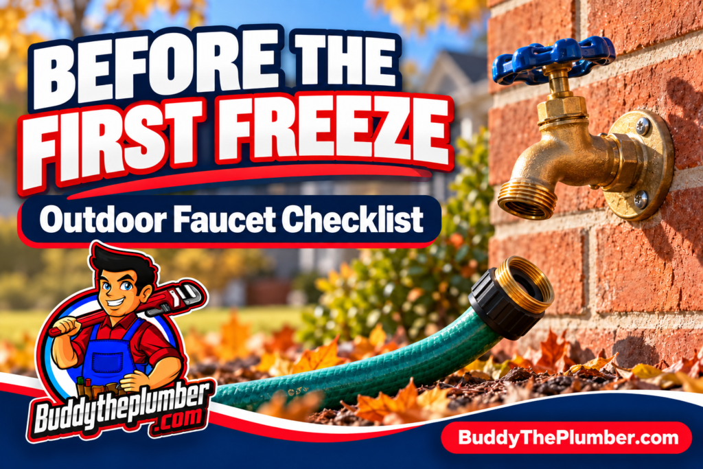 Buddy the Plumber fall checklist graphic showing an outdoor faucet and disconnected garden hose beside a brick home.