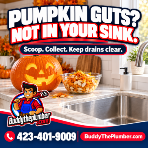Buddy the Plumber Halloween graphic: pumpkin pulp collected in a bowl beside a clean sink. Pumpkin guts? Not in your sink.