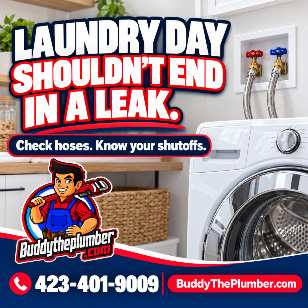 Buddy the Plumber laundry-room illustration showing a washing machine, supply hoses, and shutoff valves. Laundry day shouldn’t end in a leak.